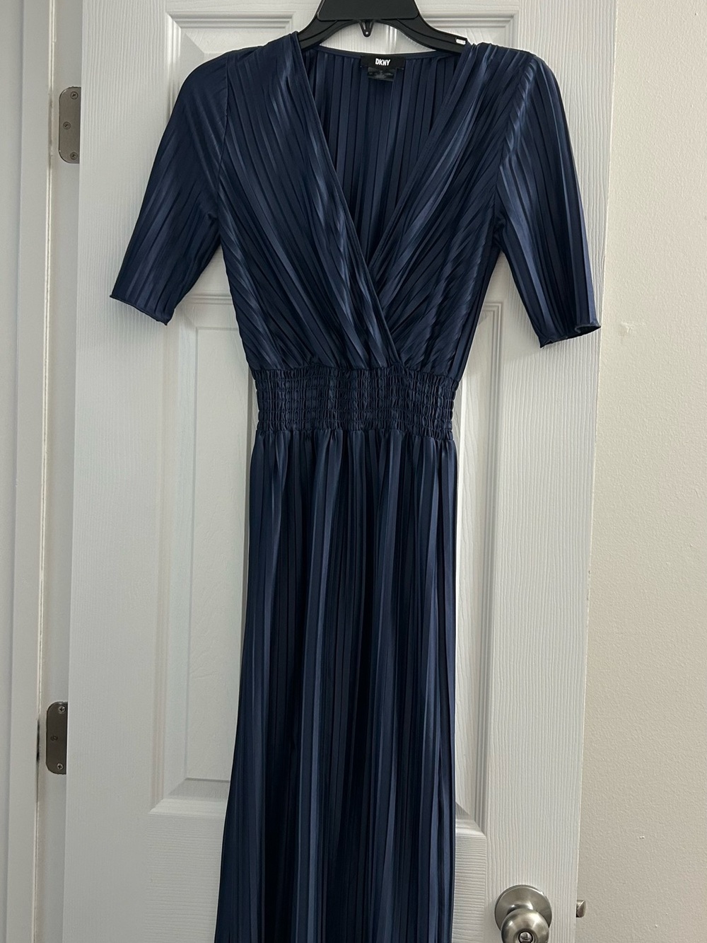 DKNY Navy Pleated V-Neck Maxi Dress